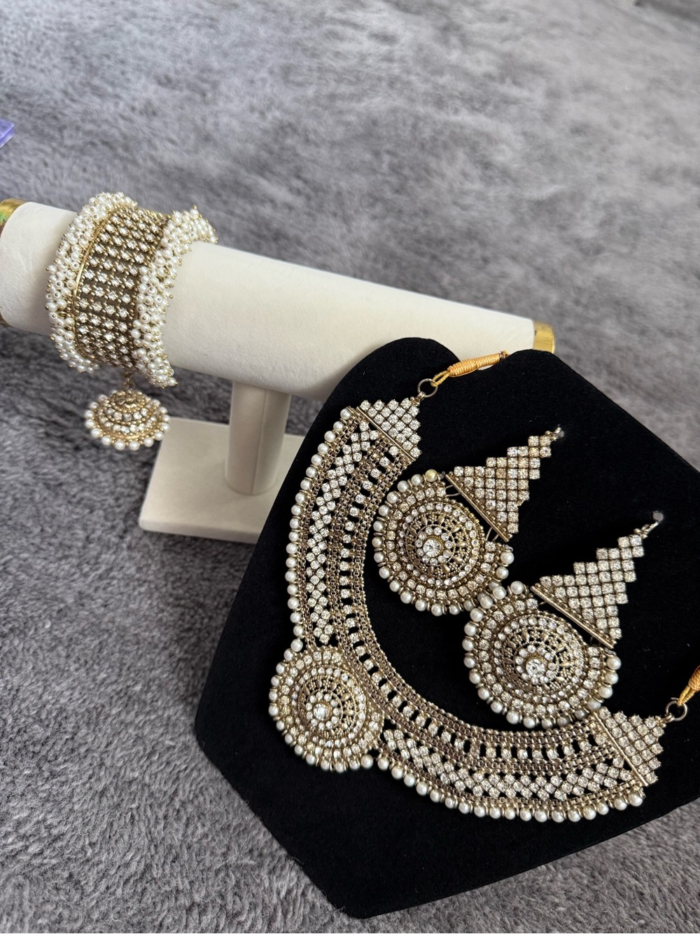 Khundan Elegant Gold and Pearl Bridal Necklace & Earring, bangle set.